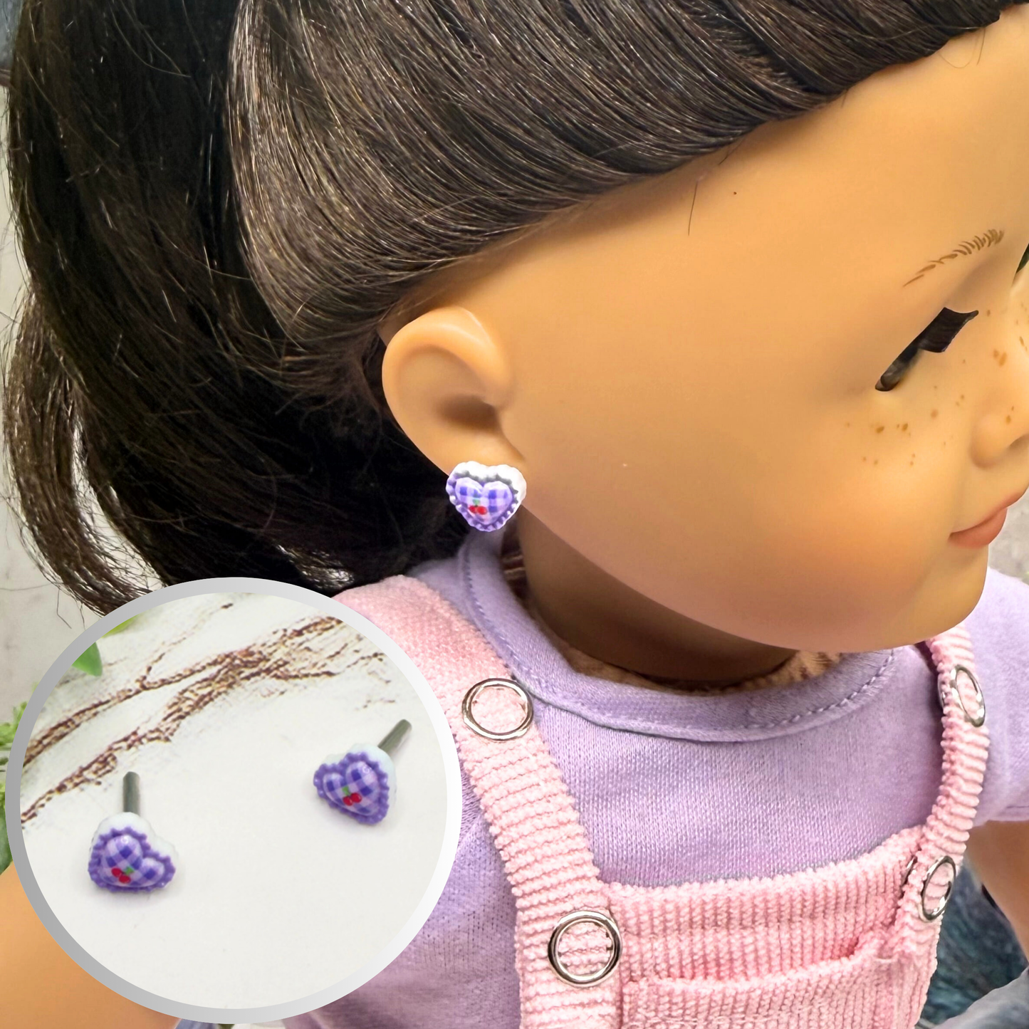 Purple Lattice Design Heart Post Doll Earrings • 2mm Post for 18 Inch Fashion Doll