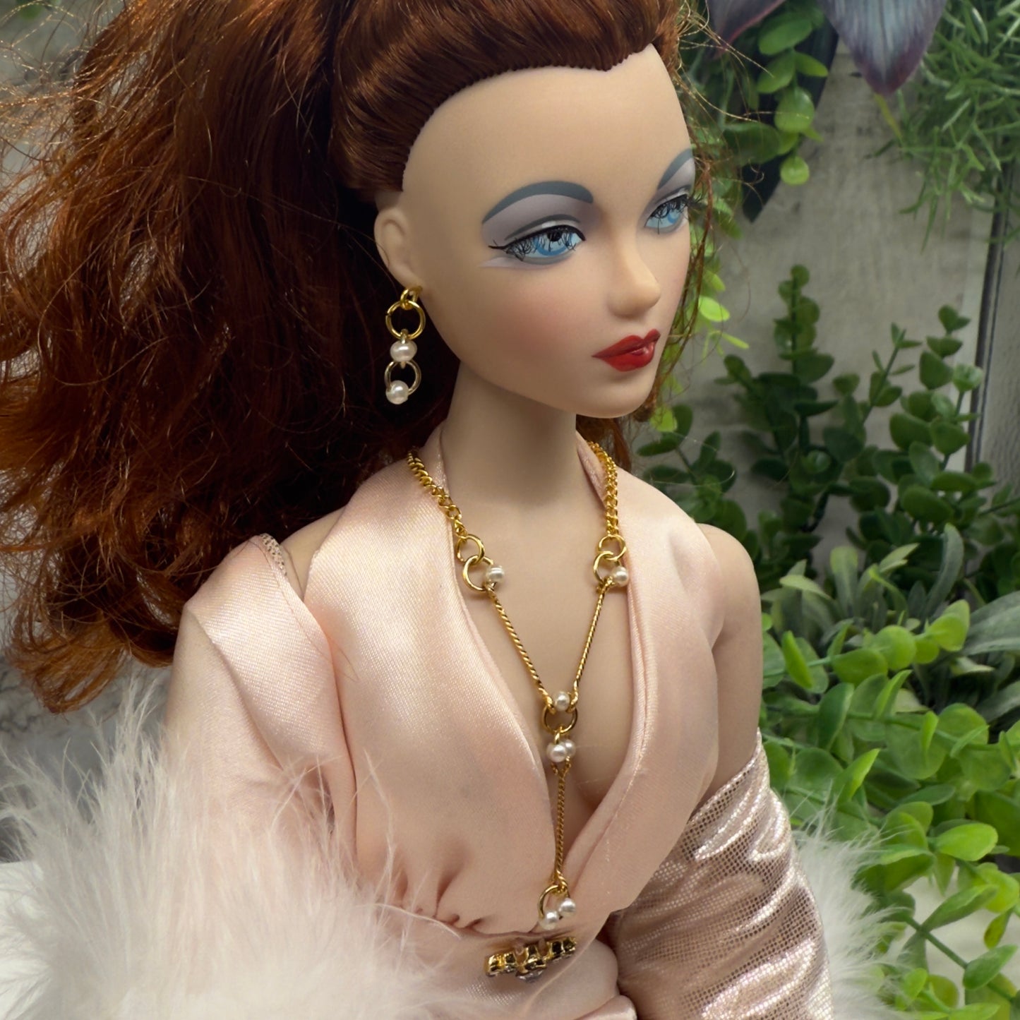 Pearl & Circle Y-Drop Gold Long Doll Necklace Earrings Set • 16” Doll Jewelry