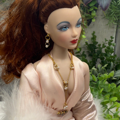 Pearl & Circle Y-Drop Gold Long Doll Necklace Earrings Set • 16” Doll Jewelry