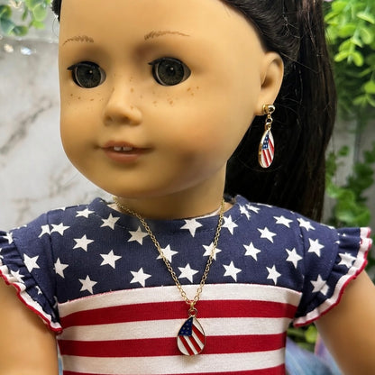 Red White Blue Patriotic Flag Design Teardrop Charm Doll Necklace & 2mm Post Earrings | fits 18 Inch Fashion Doll