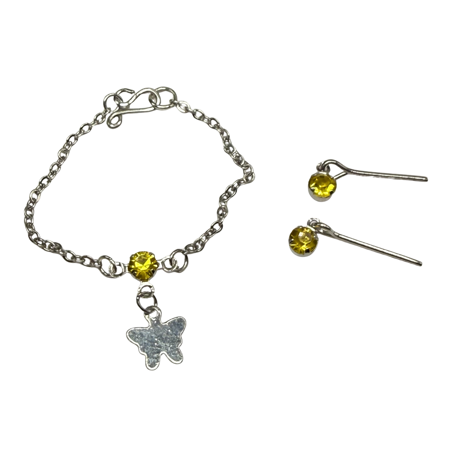 Yellow Rhinestone Silver Butterfly Charm Doll Necklace & Earrings for 16 Inch Fashion Dolls