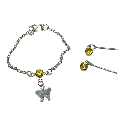 Yellow Rhinestone Silver Butterfly Charm Doll Necklace & Earrings for 16 Inch Fashion Dolls