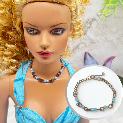 Light Blue Glass Beads Bronze Copper Tone Doll Necklace • 16 Inch Fashion Doll Jewelry