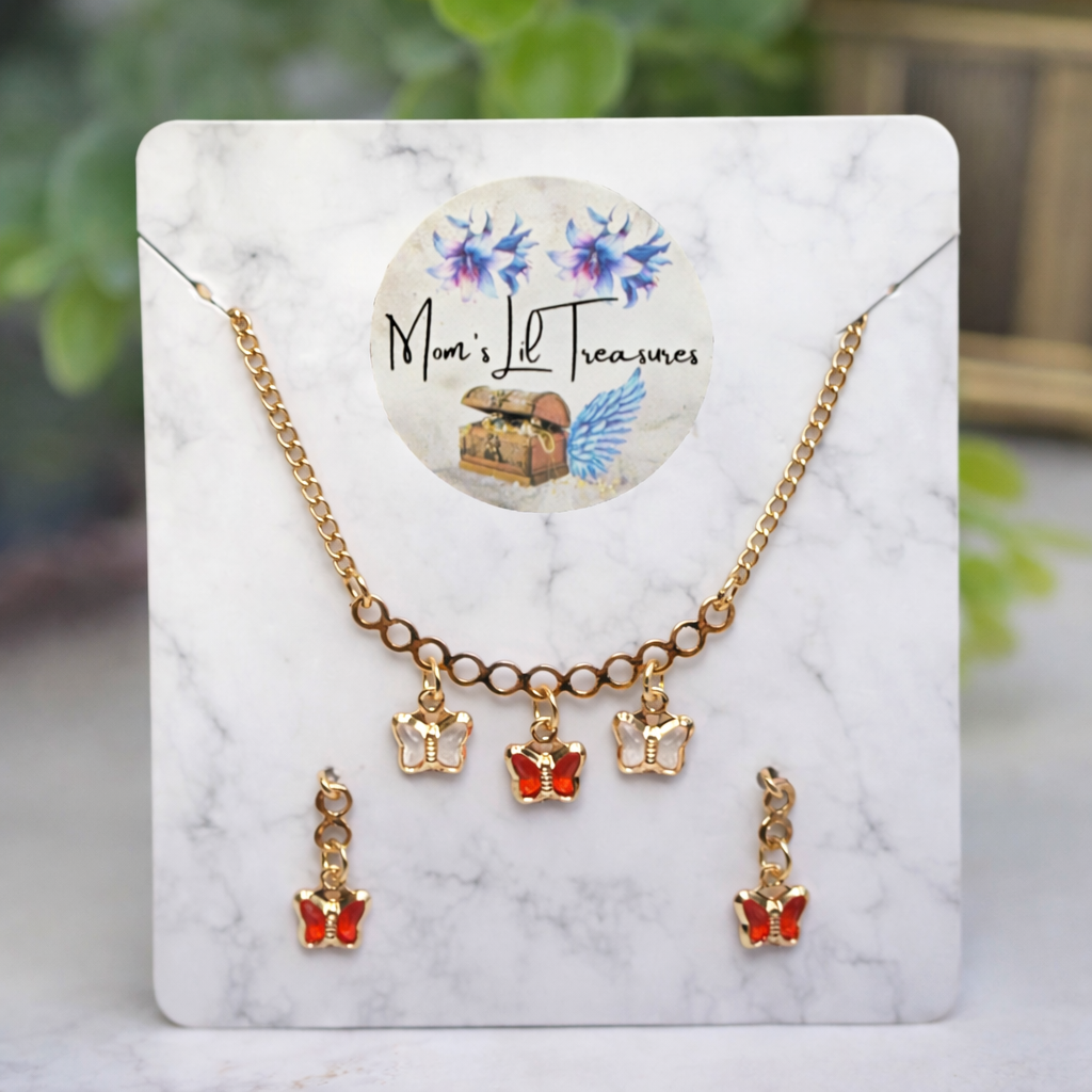 Red & Clear Butterfly Crystal Charms Gold Chain Doll Necklace and Earrings • 18 Inch Fashion Doll Jewelry