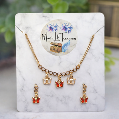 Red & Clear Butterfly Crystal Charms Gold Chain Doll Necklace and Earrings • 18 Inch Fashion Doll Jewelry