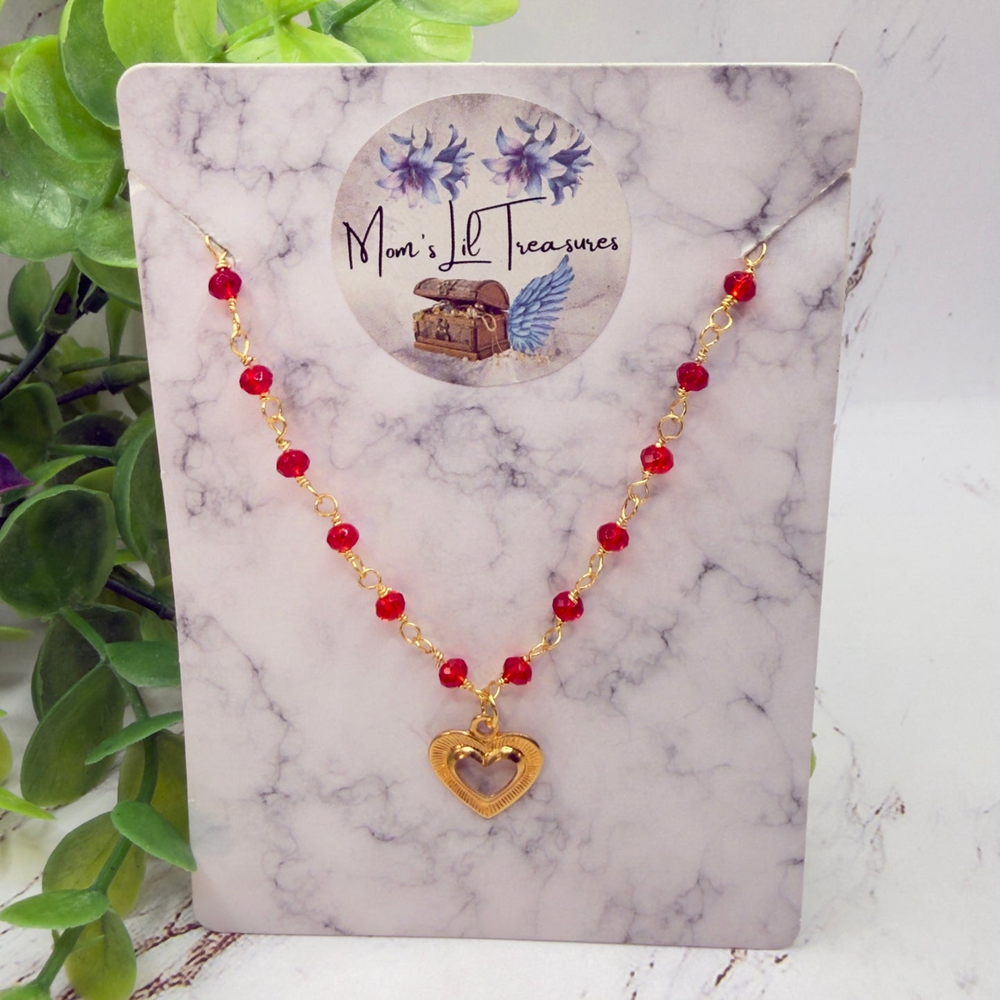 Red Crystal Beaded Link Chain Gold Heart Charm Doll Necklace • 18 Inch Fashion Doll Jewelry