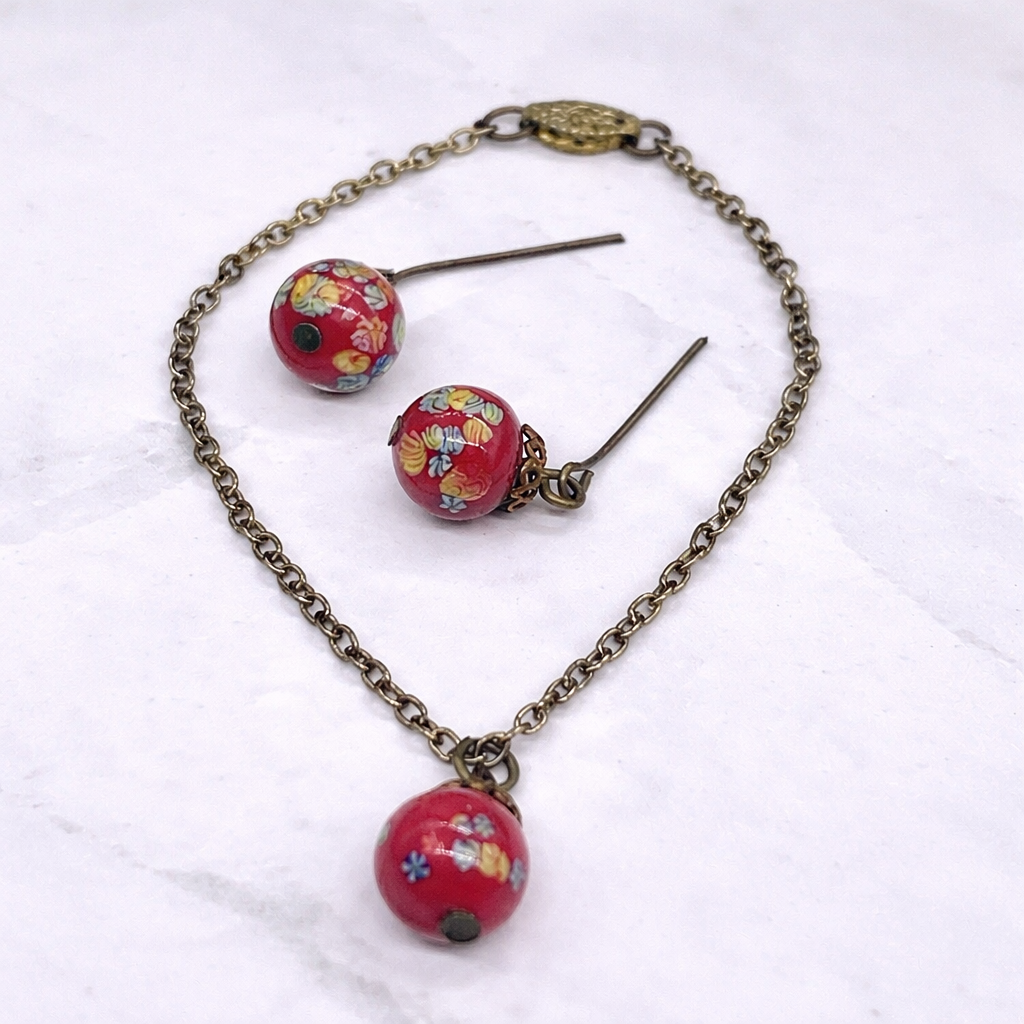Red Glass Drop Floral Design Pendant Doll Necklace Earring Set 18” Doll Jewelry