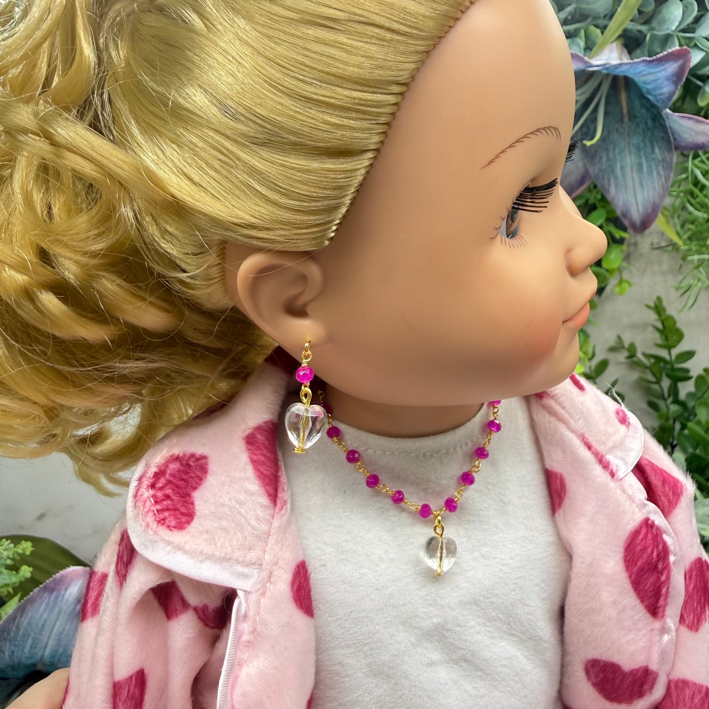 Fuchsia Pink Glass Crystal Bead Chain Clear Heart Charm Doll Necklace & Earrings • 18 Inch Fashion Doll Jewelry