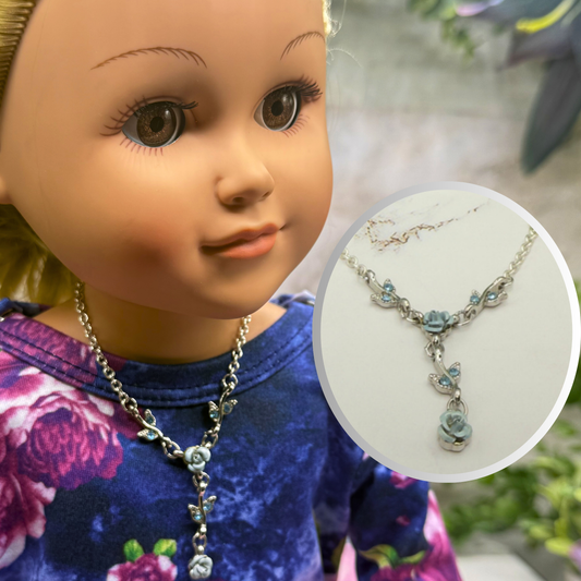 Light Blue & Silver 3D Rose Enamel & Rhinestone Accents Y-Design Doll Necklace • 18 Inch Fashion Doll Jewelry
