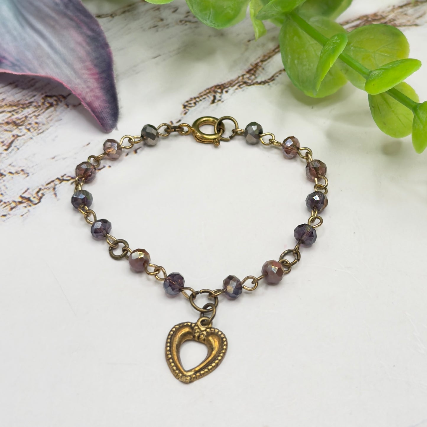 Multi Tone Purple Glass Crystal Bead Chain Gold Heart Charm Doll Necklace • 14 Inch Fashion Doll Jewelry