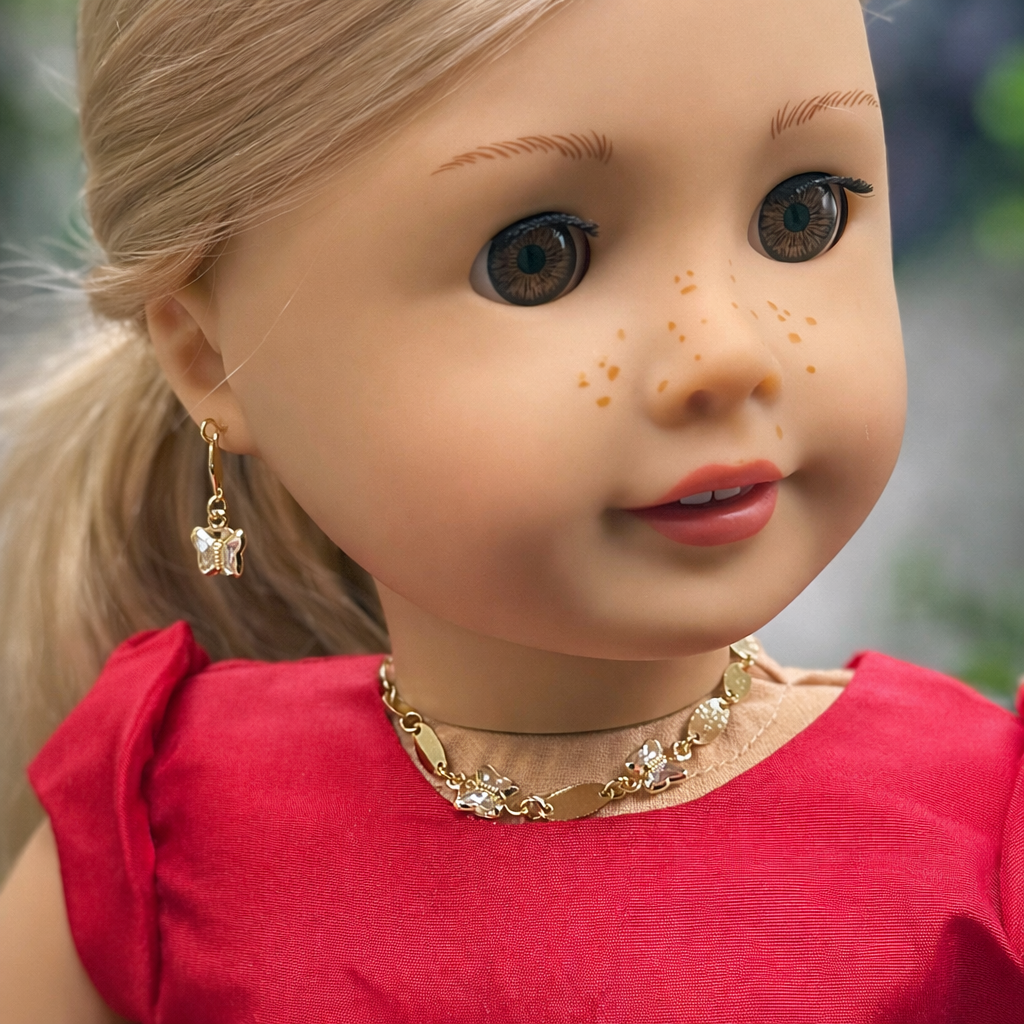 Gold Oval Link Clear Acrylic Crystal Butterfly Charm Doll Necklace & Earrings • 18 Inch Fashion Doll Jewelry