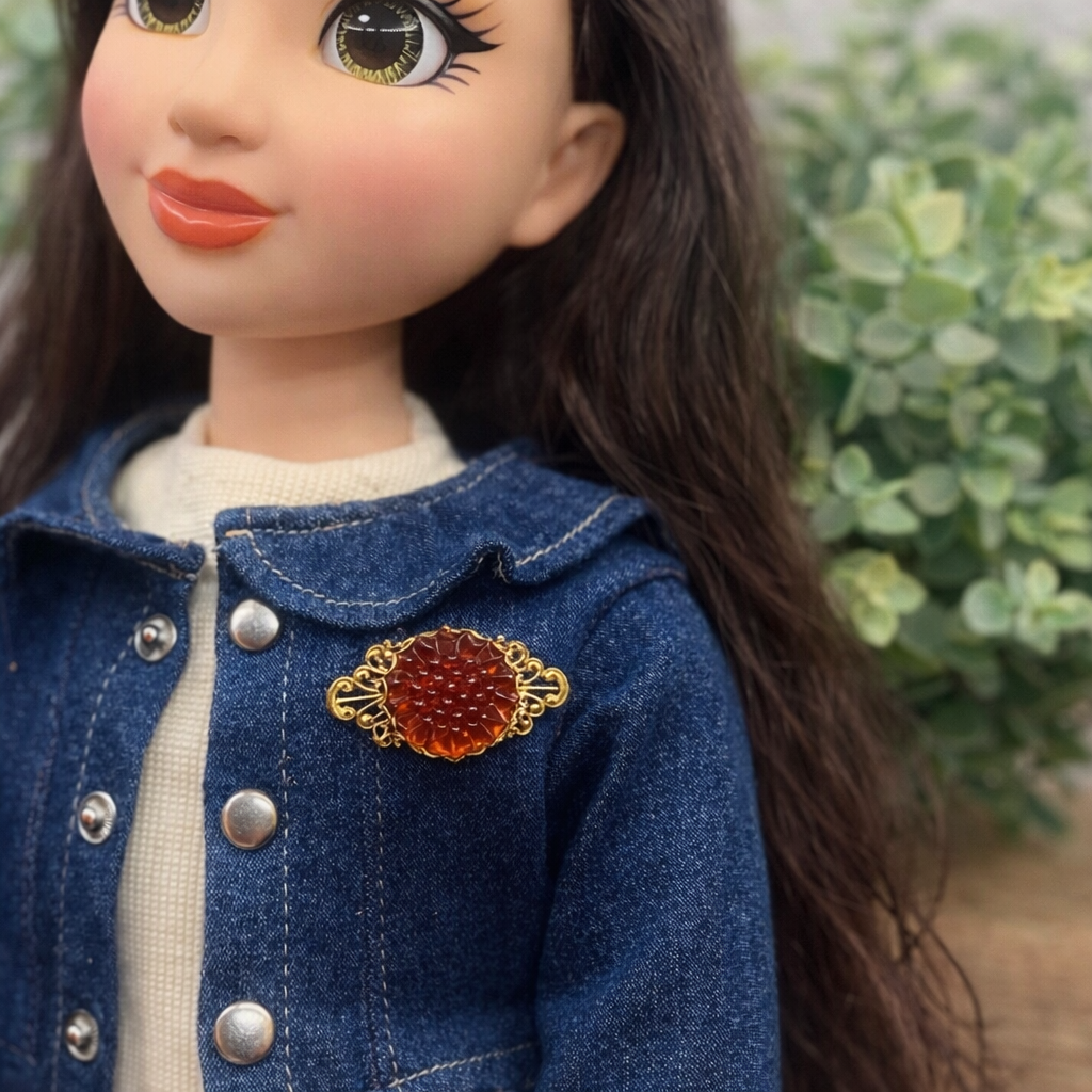 Gold Tone Filigree Brown Acrylic Button Flower Design • Doll Brooch