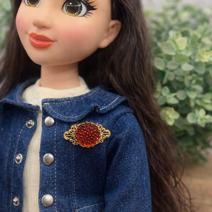 Gold Tone Filigree Brown Acrylic Button Flower Design • Doll Brooch