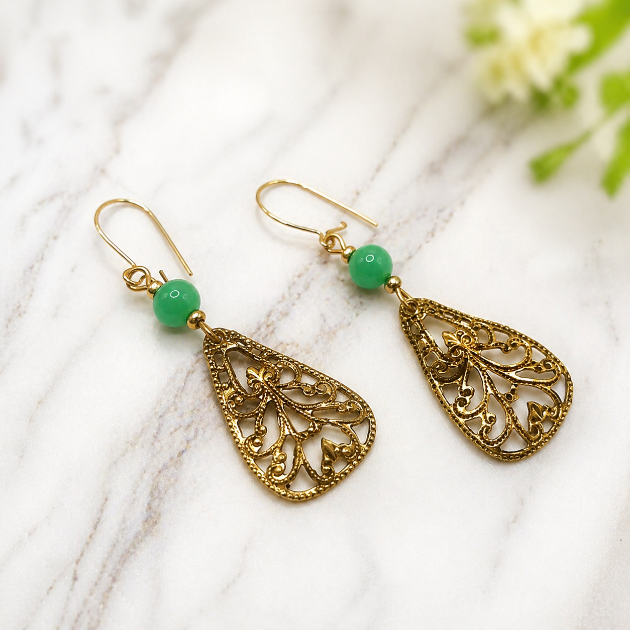 Gold Tone Filigree Design Green Glass Accent Dangle Earrings • Handmade Jewelry