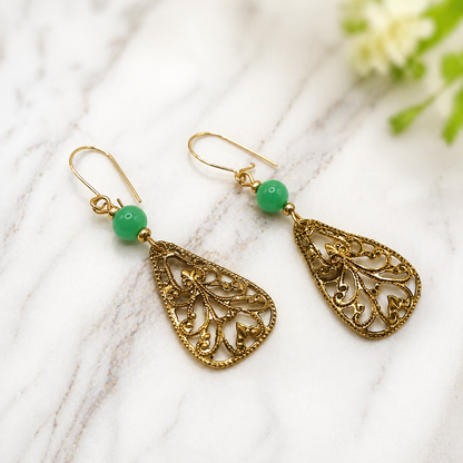 Gold Tone Filigree Design Green Glass Accent Dangle Earrings • Handmade Jewelry