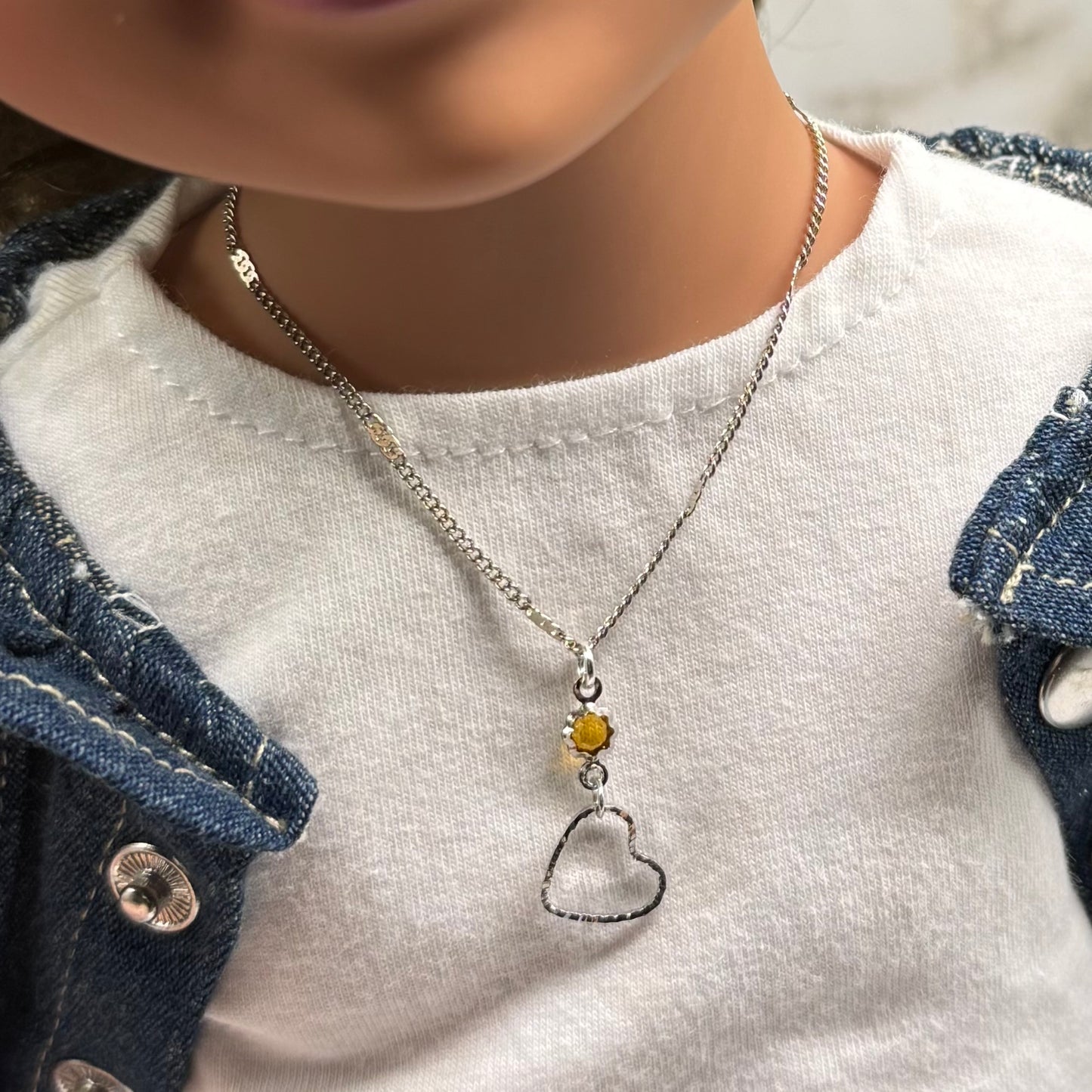 Yellow Orange Crystal Silver Open Heart Charm Doll Necklace • 18 Inch Fashion Doll Jewelry