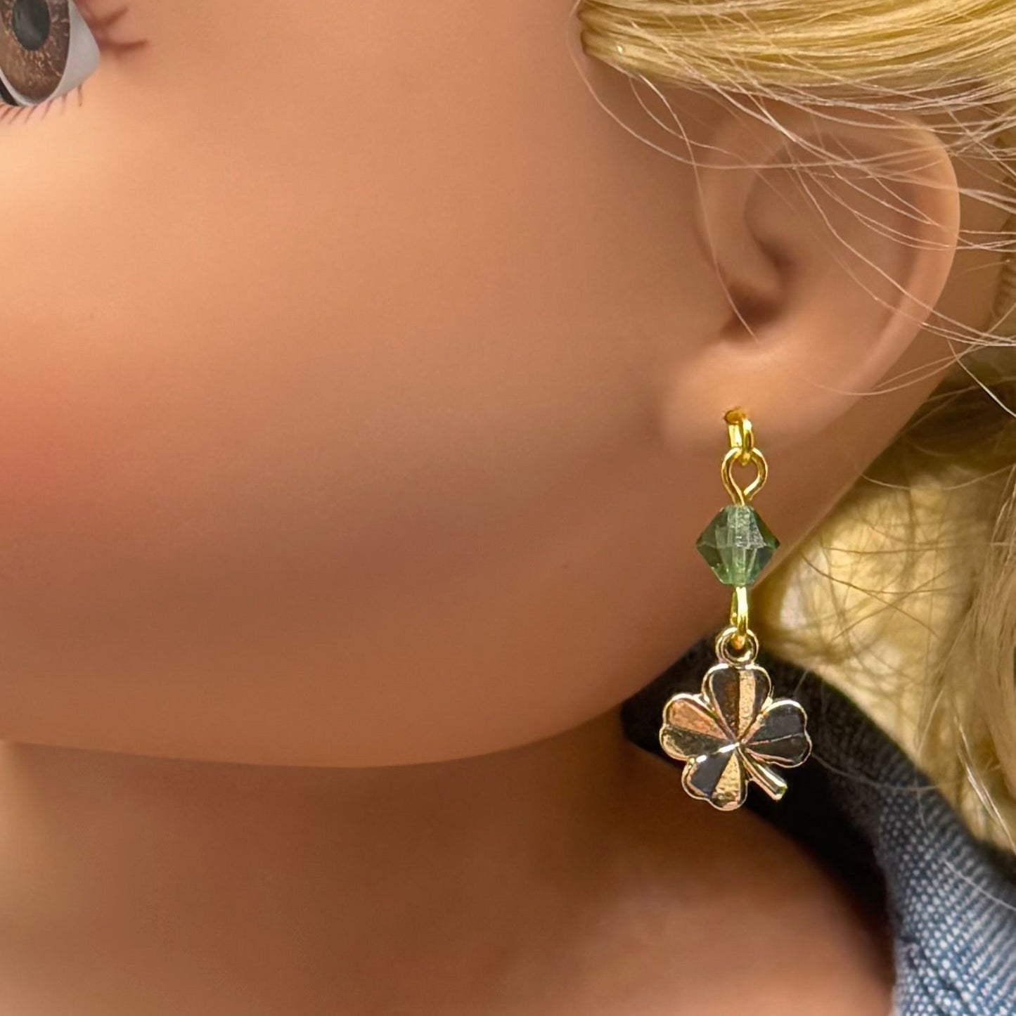 Gold Four-Leaf Clover Green Crystal Dangle Doll Earrings • 18 Inch Fashion Doll Jewelry