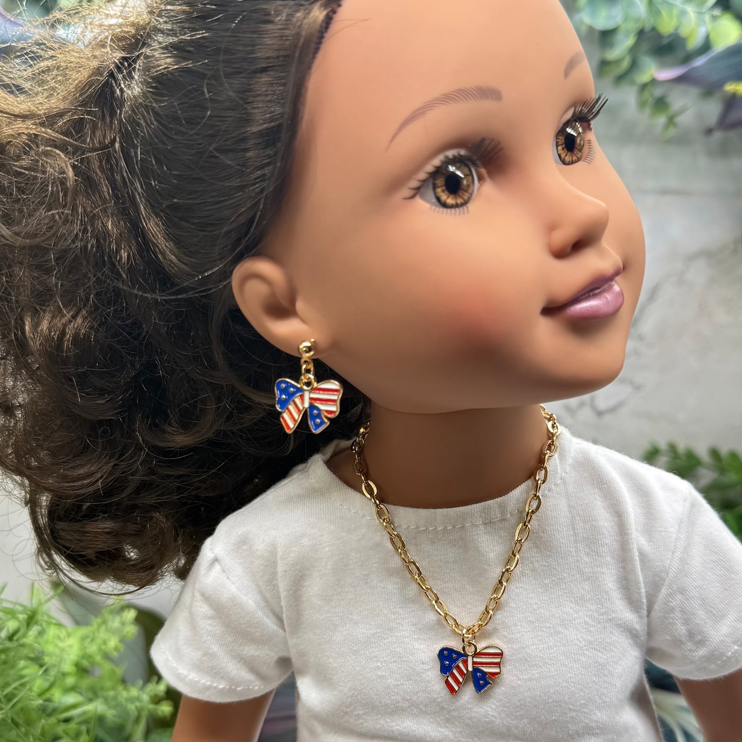 American Flag Bow Charm (Red White Blue) Doll Necklace & Earrings for 18 Inch Fashion Doll