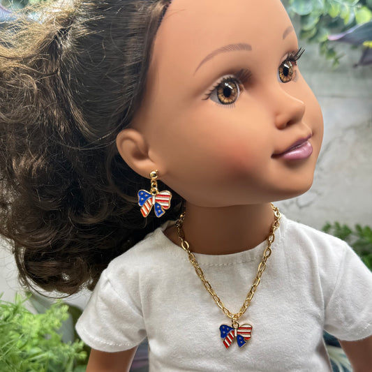 American Flag Bow Charm (Red White Blue) Doll Necklace & Earrings for 18 Inch Fashion Doll