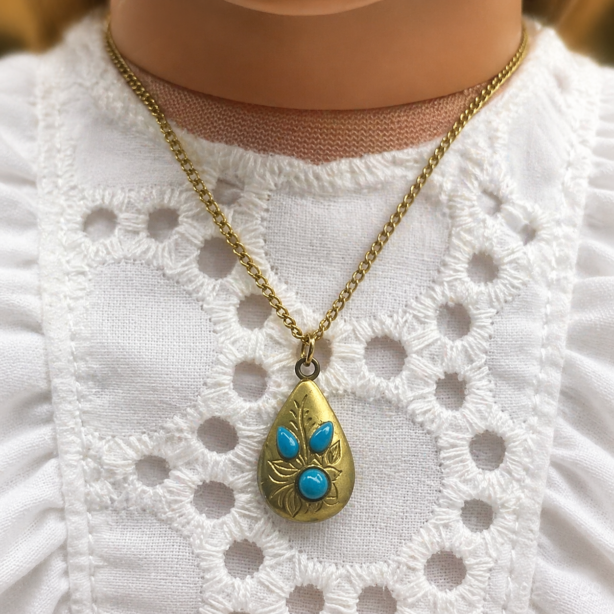 Gold Turquoise Accent Teardrop Locket Doll Necklace • 18” Fashion Doll Jewelry