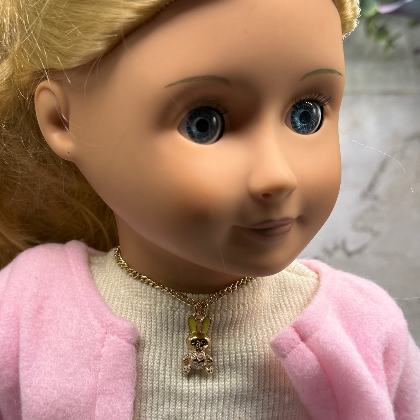 Bunny Yellow & Pink Enamel Detail Charm Doll Necklace Easter • 18 Inch Fashion Doll Jewelry