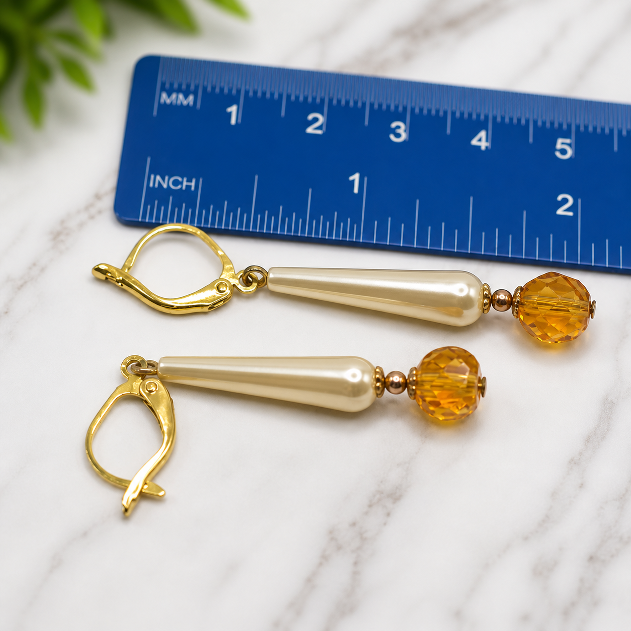 Elongated Teardrop Pearl & Gold Glass Crystal Drop Dangle Earrings - Handmade