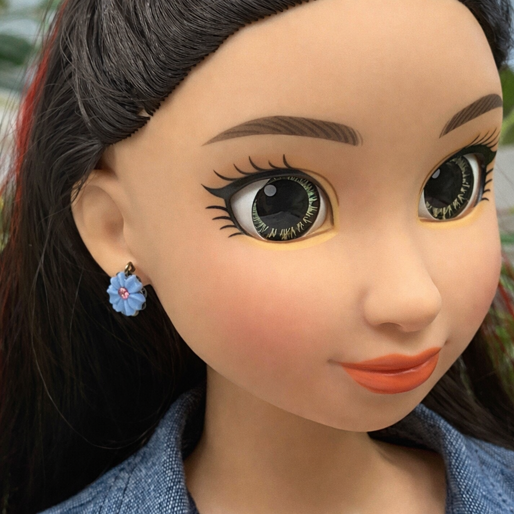 Light Blue Flower Pink Rhinestone Dangle Doll Earrings • 18 Inch Doll Jewelry