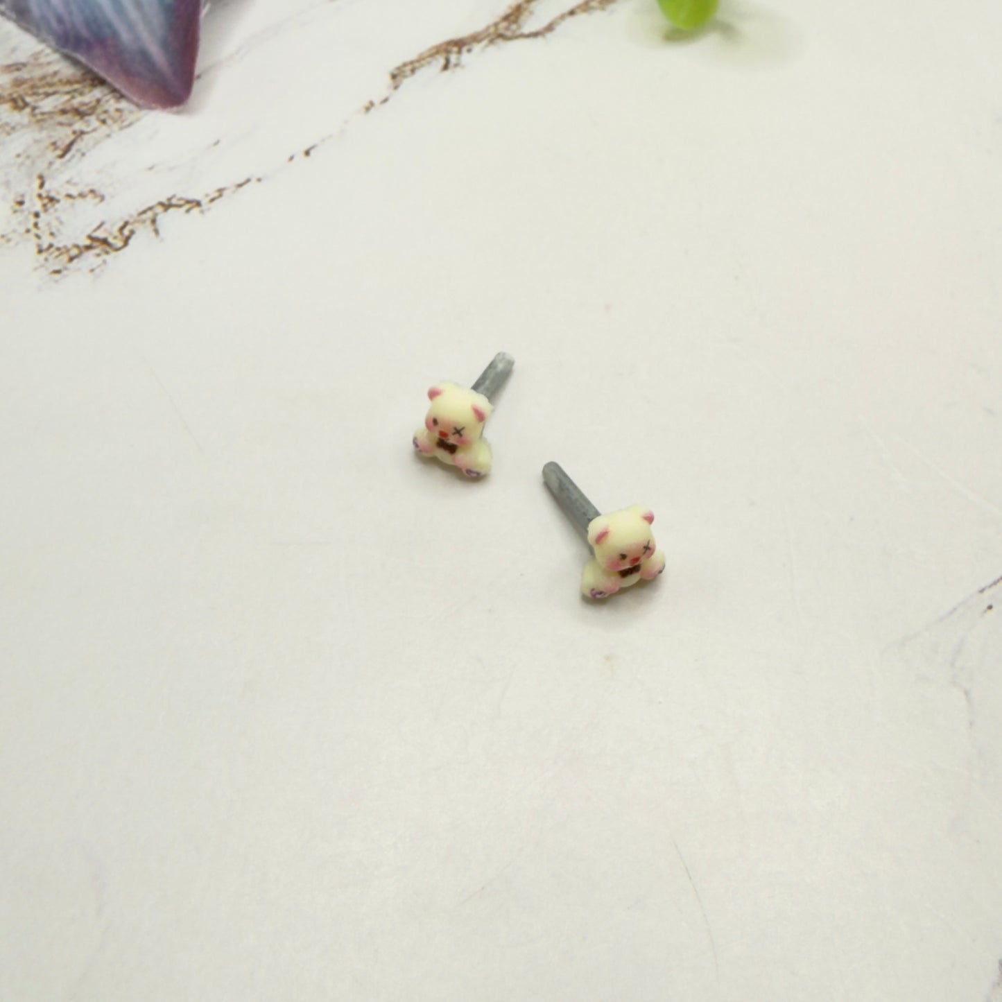 Teddy Bear Bow Tie Purple Heart Paws Post Doll Earrings • 2mm Post for 18 Inch Fashion Doll