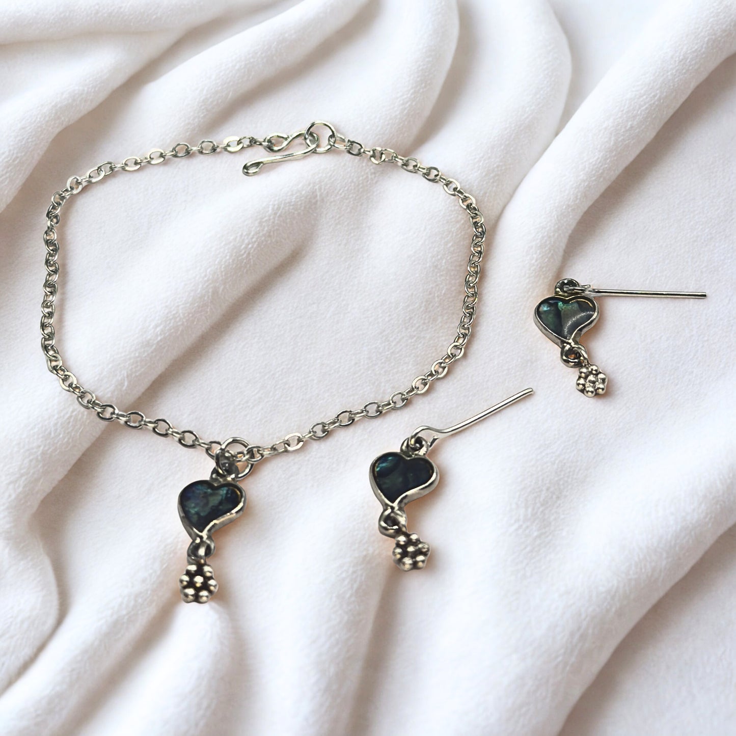 Abalone Silver Heart Dangle Doll Necklace & Earrings Set • 18 Inch Fashion Doll Jewelry