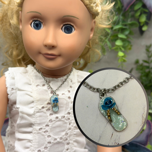 Blue Flip Flip Sandal Rose Accent Charm Silver Doll Necklace• 18 Inch Fashion Doll Jewelry