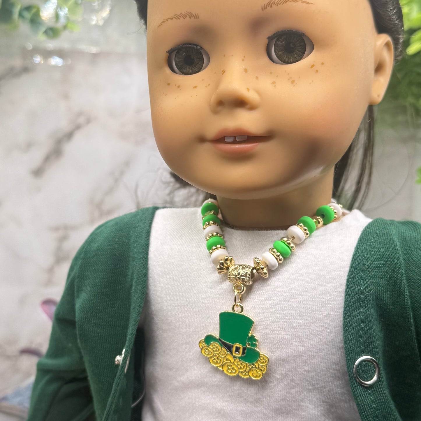 Leprechaun Hat Charm Green White Gold Beaded Doll Necklace • 18 Inch Fashion Doll Jewelry