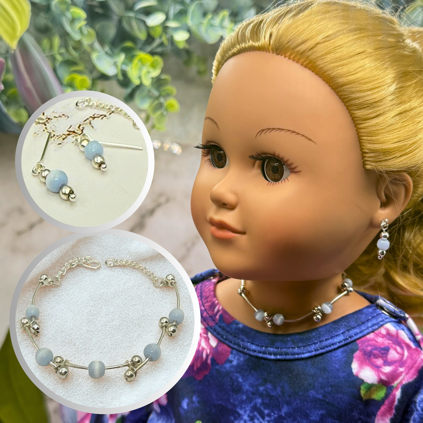 Light Blue Cat’s Eye Silver Curved Link Doll Necklace & Earrings Set • 18 Inch Fashion Doll Jewelry