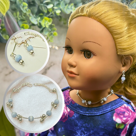 Light Blue Cat’s Eye Silver Curved Link Doll Necklace & Earrings Set • 18 Inch Fashion Doll Jewelry