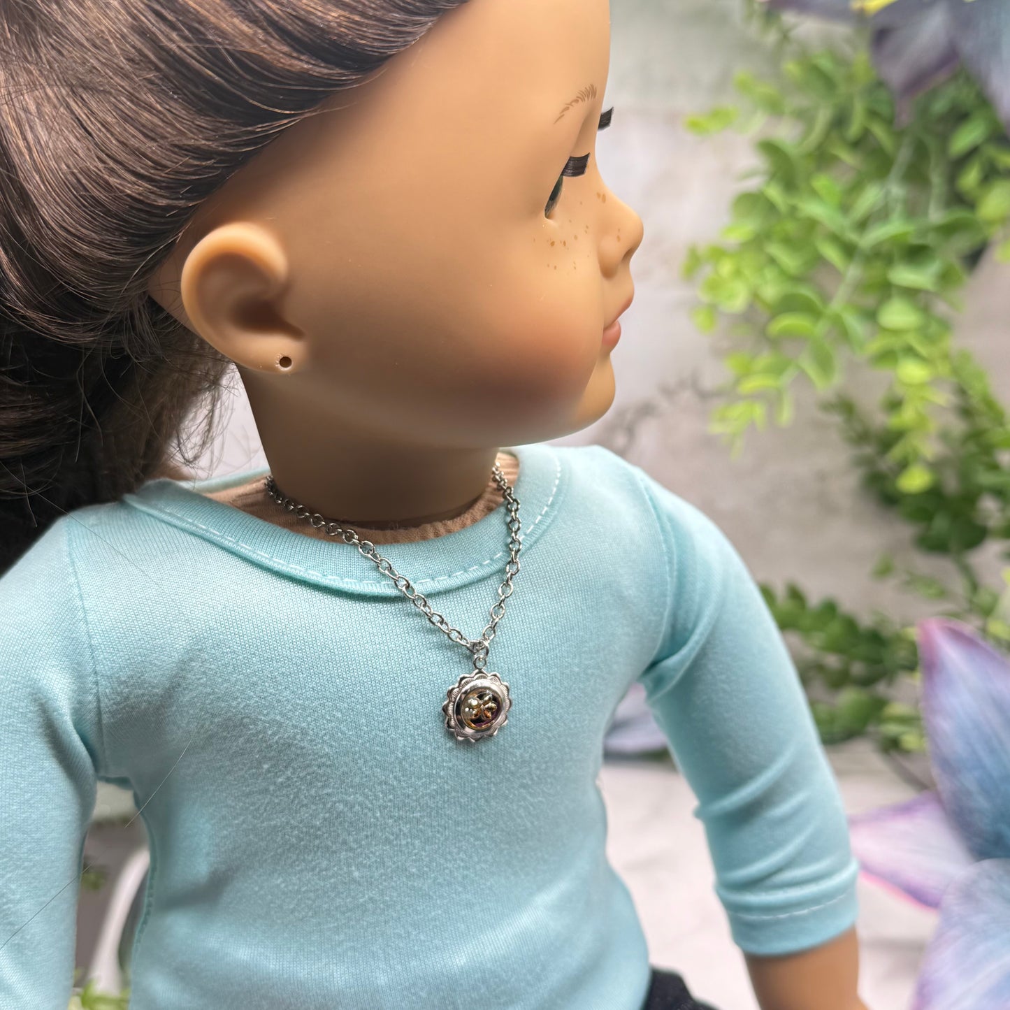 Iridescent Purple Blue Round Flower Design Charm Silver Doll Necklace • 18 Inch Fashion Doll Jewelry