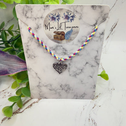Braided Thread Purple Blue Yellow Doll Necklace w/ Silver Heart Charm • 18 Inch Fashion Doll Jewelry
