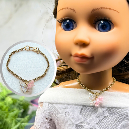 Pink & White Acrylic Butterfly Roses Charm Gold Chain Doll Necklace • 14 Inch Fashion Doll Jewelry