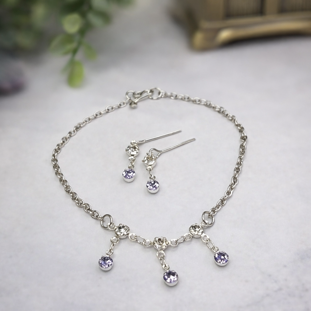 Light Misty Purple & Clear Rhinestone Silver Doll Necklace and Earrings Set for 18 Inch Fashion Dolls