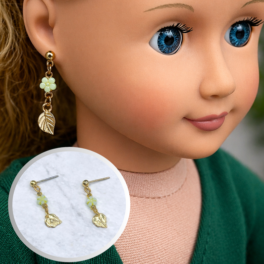 Light Green Flower Gold Leaf Dangle Doll Earrings for 18 Inch Doll Jewelry