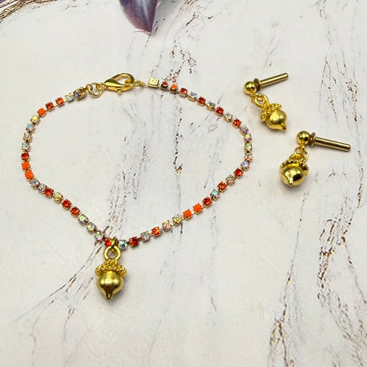 Gold Acorn Charm Multi Color Rhinestone Doll Necklace & 2mm Post Earrings | for 18 Inch Dolls • American Girl