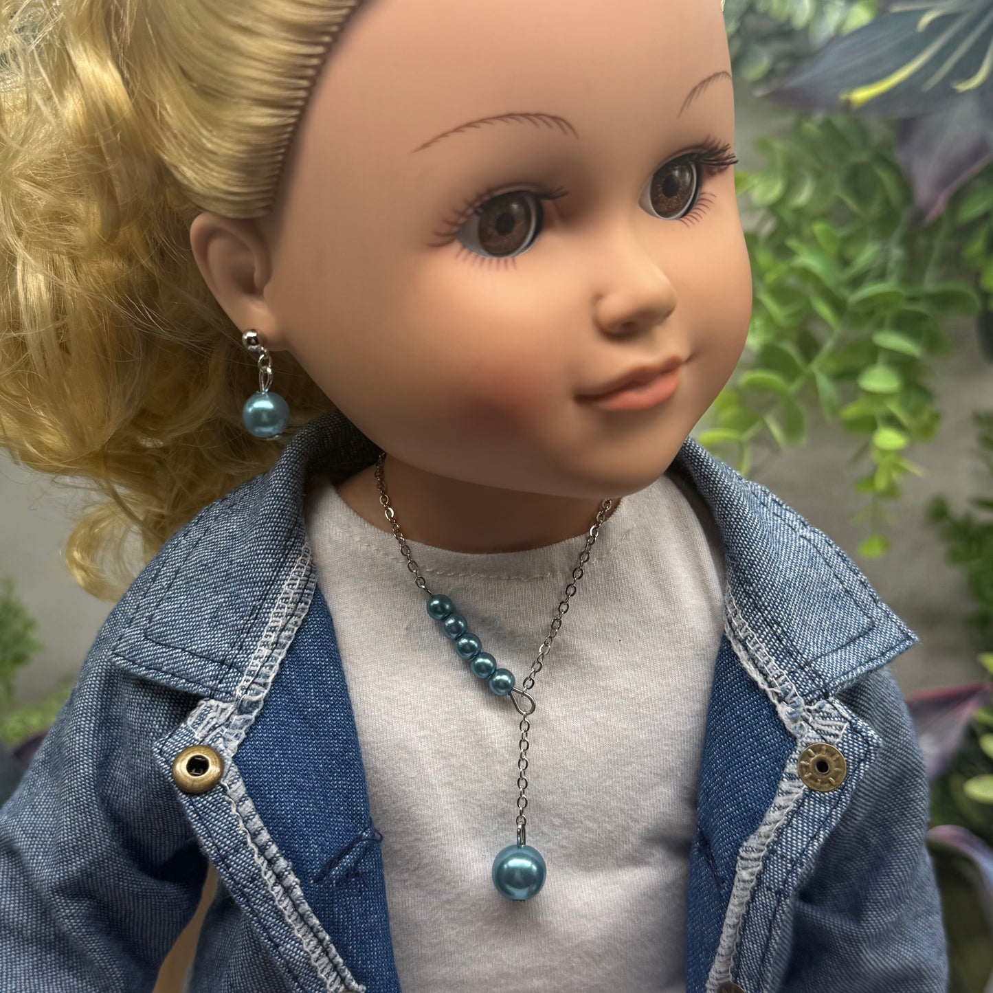 Turquoise Dusty Blue Pearl Drop Necklace & Earrings Set • 18 Inch Fashion Doll Jewelry