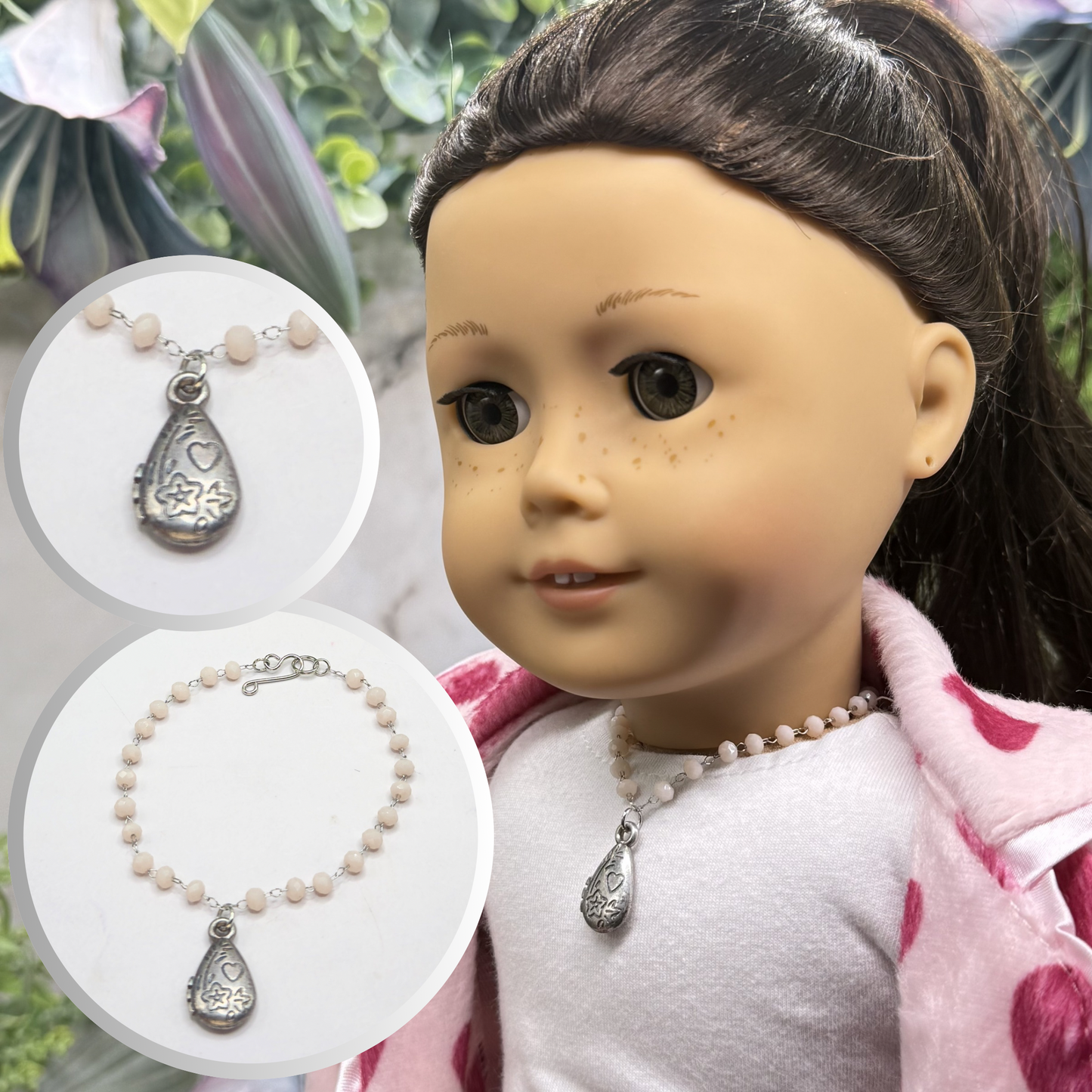 Light Pink Beige Crystal Bead Chain Teardrop Charm Heart Flower Design Doll Necklace • 18 Inch Fashion Doll Jewelry