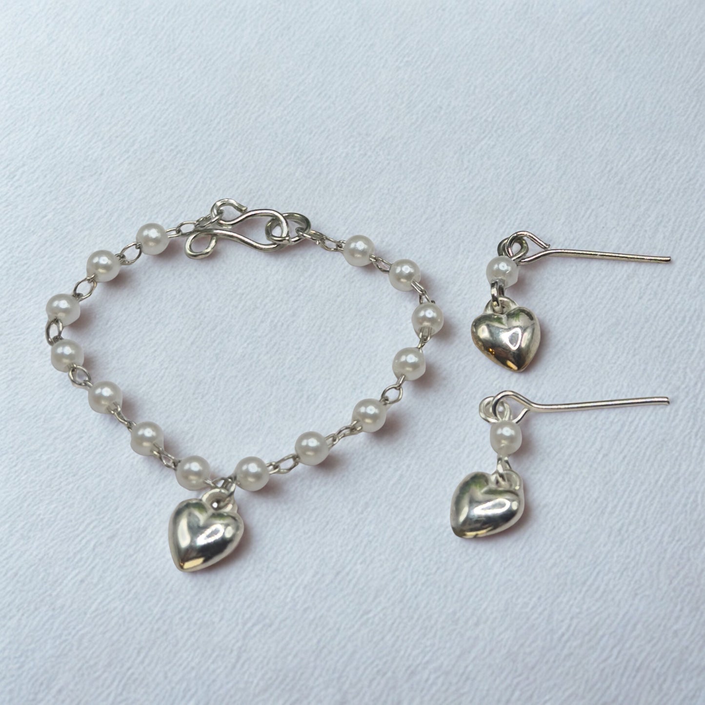 Pearl Beaded Silver Heart Charm Doll Necklace & Earrings • 16 Inch Fashion Doll Jewelry