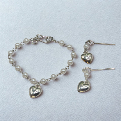 Pearl Beaded Silver Heart Charm Doll Necklace & Earrings • 16 Inch Fashion Doll Jewelry