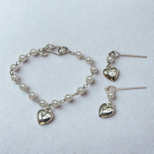 Pearl Beaded Silver Heart Charm Doll Necklace & Earrings • 16 Inch Fashion Doll Jewelry