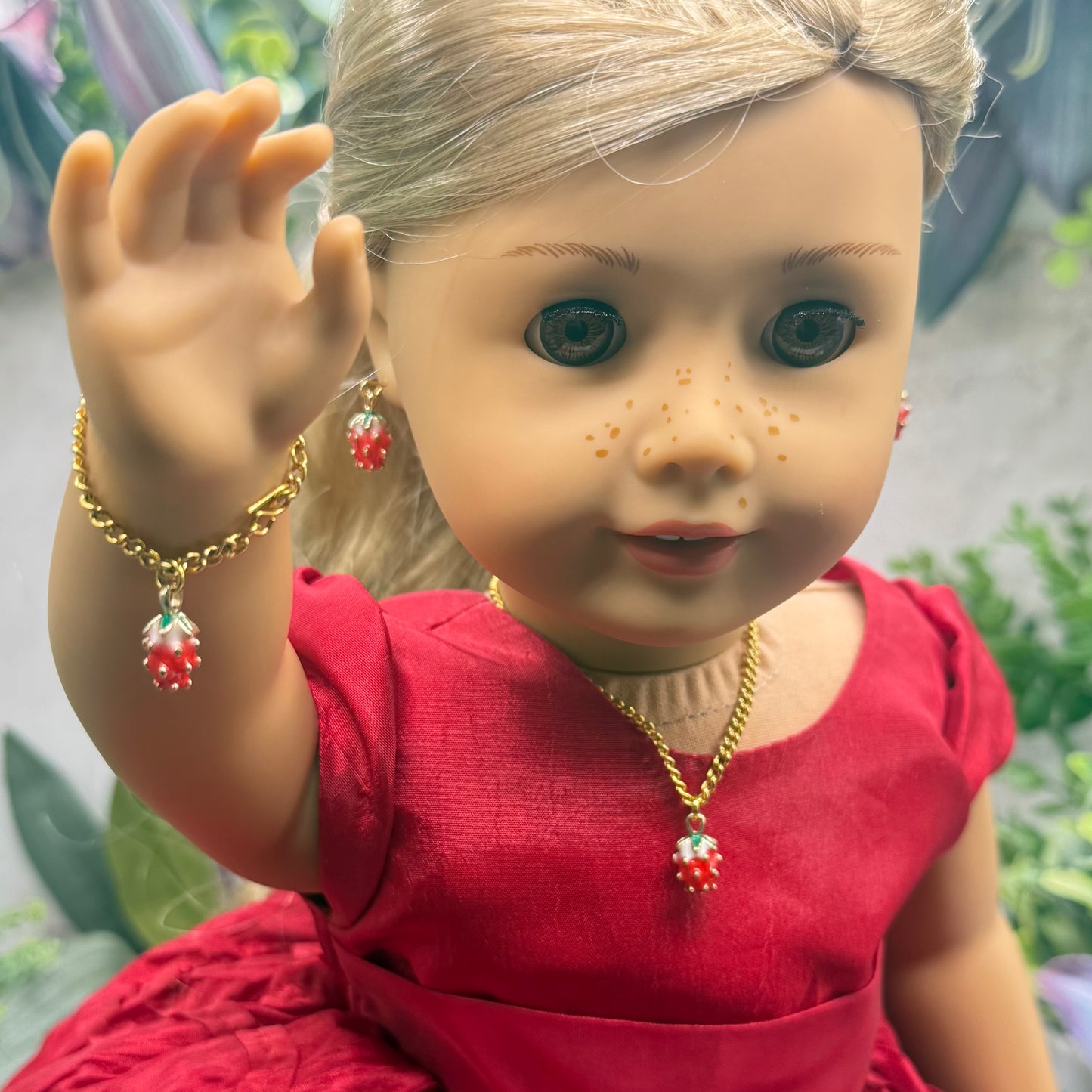 Strawberry Enamel Design Charm Doll Necklace - Bracelet & Earrings Set • 18 Inch Fashion Doll Jewelry