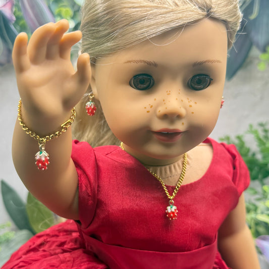 Strawberry Enamel Design Charm Doll Necklace - Bracelet & Earrings Set • 18 Inch Fashion Doll Jewelry