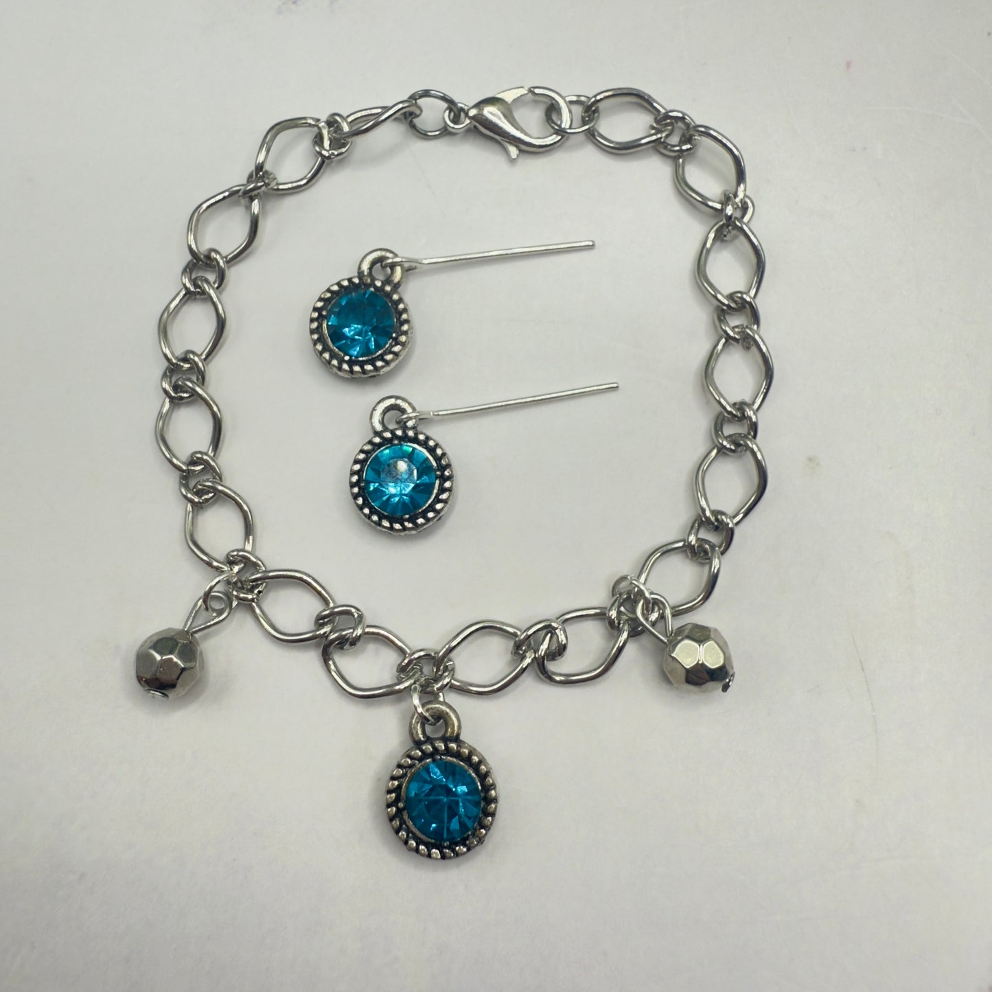 Round Turquoise Rhinestone Pendant Silver Link Doll Necklace Earrings Bracelet Set • 18 Inch Fashion Doll Jewelry