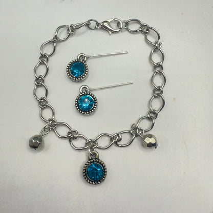 Round Turquoise Rhinestone Pendant Silver Link Doll Necklace Earrings Bracelet Set • 18 Inch Fashion Doll Jewelry