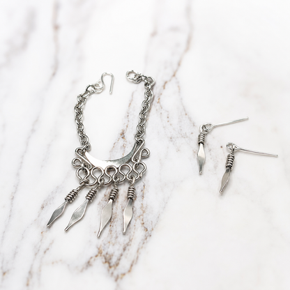 Silver Dangle Statement Doll Necklace Matching Earring Set • 16” Doll Jewelry