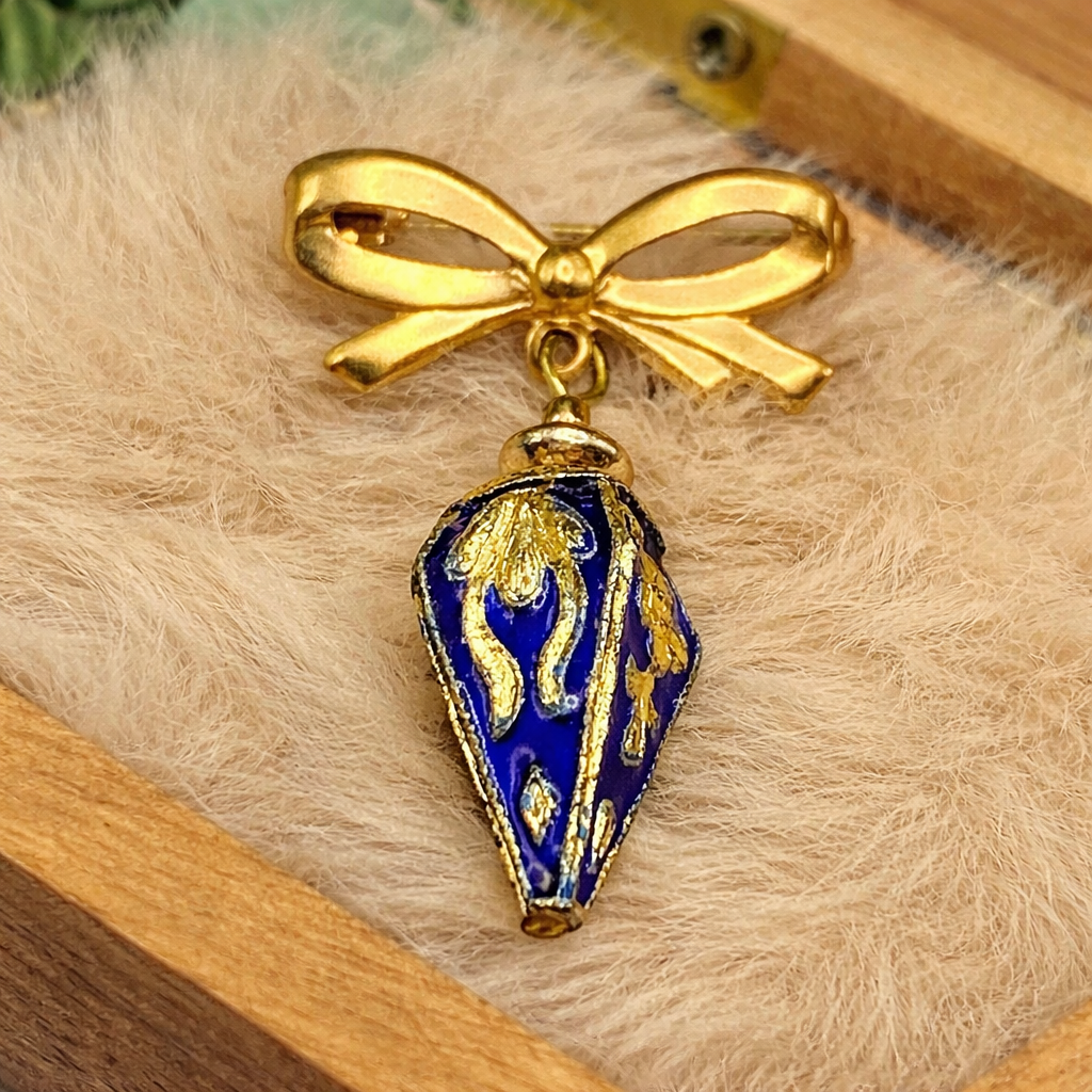 Blue Cloisonné Gold Design Teardrop Dangle Pendant Bow Shaped Pin • Doll Brooch
